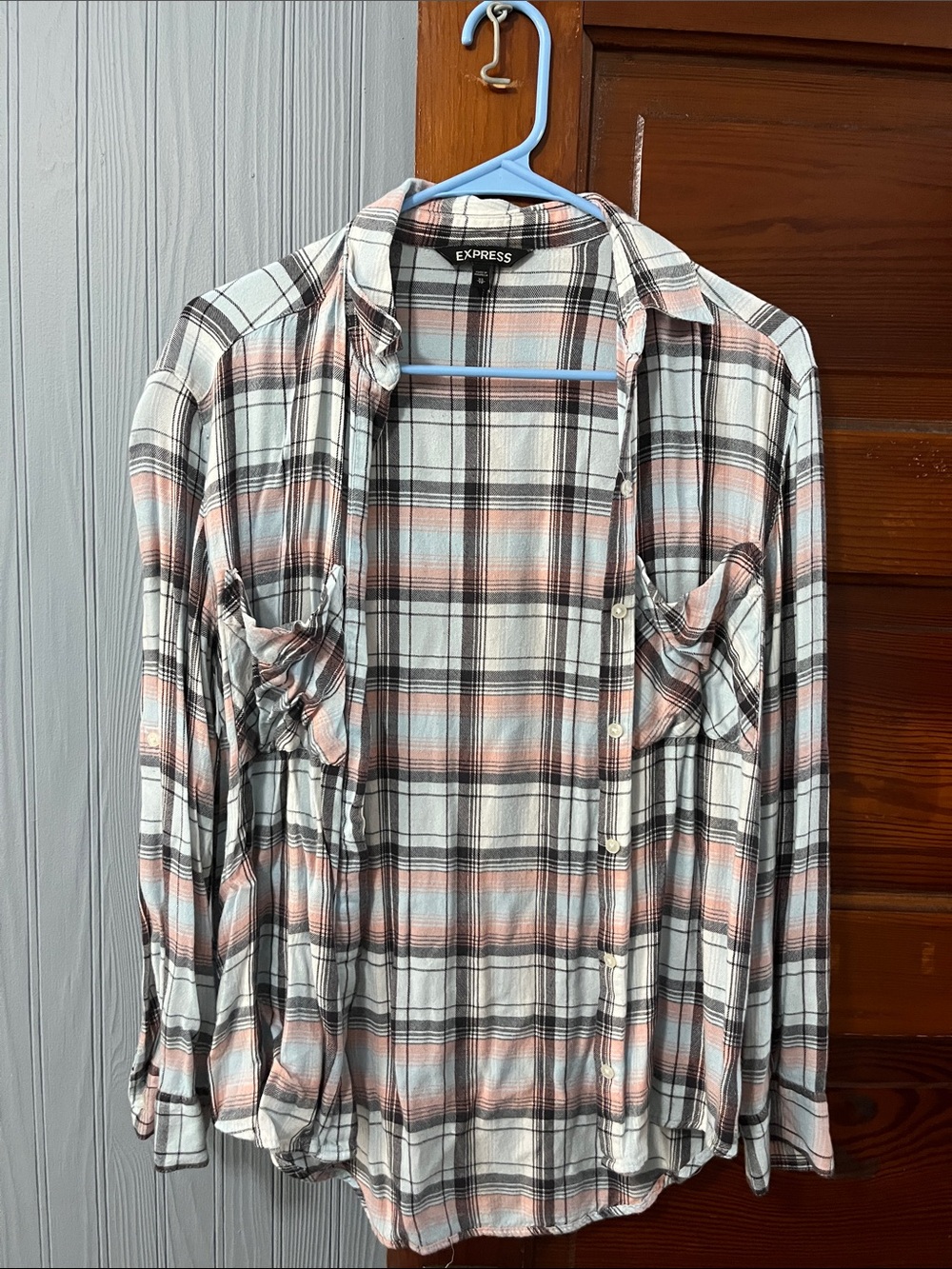 Express Plaid Button-Down Shirt in White, Pink, Black, and Blue